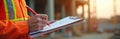 Construction worker in safety gear takes notes on clipboard. Safety on job site. Documenting construction process. Compliance in Royalty Free Stock Photo