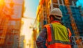 Construction worker in safety gear using power drill at construction site with blurred background Royalty Free Stock Photo