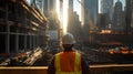 Construction Worker In Safety Gear Watching A Tower Crane On A Building Site At Dusk. Generative AI Royalty Free Stock Photo