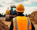 Construction worker in safety helmet. Engineer building man in protective suit. Generative AI