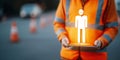 Construction worker in safety vest holding tablet with glowing worker icon, concept of hiring and engineering staff Royalty Free Stock Photo