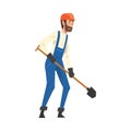 Construction Worker with Shovel, Male Builder Character Wearing Uniform and Protective Helmet Building House Cartoon Royalty Free Stock Photo
