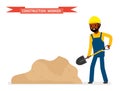 Construction worker with shovel near the sand. Isolated against white background. Vector illustration. Royalty Free Stock Photo