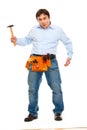 Construction worker showing monkey with hammer Royalty Free Stock Photo