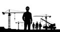 A construction worker in silhouette stands confidently on a building site with cranes silhouette Royalty Free Stock Photo