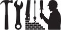 Construction worker silhouette vector with tools including hammer wrench level Royalty Free Stock Photo