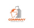 Construction worker at a construction site logo design. Real estate construction and engineering project vector design