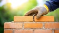 A construction worker skillfully lays bricks, creating a sturdy wall amidst a blurred backdrop of activity Royalty Free Stock Photo