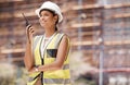 Construction worker, smile and radio with woman for communication in logistics, engineering and safety. Leadership Royalty Free Stock Photo