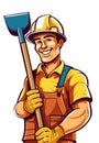 construction worker smiling and holding a shovel wearing hard hat and yellow bib