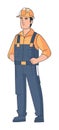 Construction worker standing confidently with safety helmet. Male builder in work clothes and hard hat vector