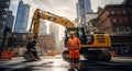Construction Worker Standing by Excavator in Cityscape - CAT 336 Royalty Free Stock Photo