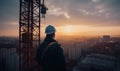 Construction worker standing on sunset city. Builder in safety helmet on a roof. Generative AI