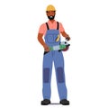 Construction Worker Stands Poised, With Grinder Tool In Hands, Focused And Ready For The Task Ahead, Vector Illustration Royalty Free Stock Photo