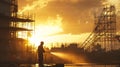 A construction worker stands silhouetted against a stunning sunset. The bright colors reflect on the building site Royalty Free Stock Photo