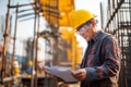 A construction worker studies architectural plans at a busy building site. He is focused and wearing a hard hat and protective Royalty Free Stock Photo