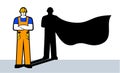 Construction worker with superhero shadow. Builder in helmet like hero in cloak. Vector isolated Illustration for happy