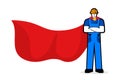 Construction worker superhero. Super hero builder in helmet and cloak. Vector isolated Illustration for happy labor or