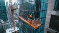 Construction Worker on a Suspended Platform Cleaning Windows on a Skyscraper Royalty Free Stock Photo