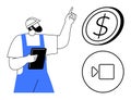 Construction worker with tablet pointing towards coin and video play button icons Royalty Free Stock Photo