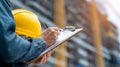 Construction Worker Taking Notes on a Clipboard While Wearing a Safety Helmet at a Building Site Royalty Free Stock Photo