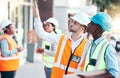 Construction worker, team and collaboration with building engineer leader or safety manager. Teamwork, industrial Royalty Free Stock Photo