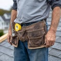 Construction worker with tool belt on rooftop, ready for repair work. Royalty Free Stock Photo