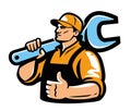 Construction worker with working tool, Builder emblem. Engineer, mechanic with wrench, workshop logo vector