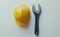 Construction worker tools are arranged in a flat lay with a top view composition and copy space, next to a set of tools Royalty Free Stock Photo