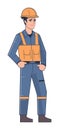 Construction worker in uniform smiling, standing confidently. Professional male builder wearing safety helmet. Worker