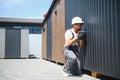 Construction worker using cordless drill installing modular house panel Royalty Free Stock Photo