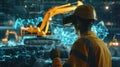 A construction worker using a 5Glinked VR program to practice operating heavy machinery in a variety of simulated Royalty Free Stock Photo