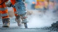 Construction worker using jackhammer pneumatic drill breaking asphalt concrete demolition equipment Royalty Free Stock Photo