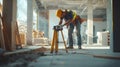 Construction Worker Using a Leveling Instrument on a Construction Site Royalty Free Stock Photo