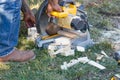 Construction Worker Using Miter Saw At a Job Site Royalty Free Stock Photo