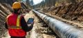 Construction worker using tablet on pipeline installation site with workers in background, copy space for text Royalty Free Stock Photo