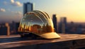 Construction worker wearing hardhat builds skyscraper in city at sunset generated by AI Royalty Free Stock Photo