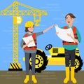 Construction worker wearing helmet safety in front background crane tractor building