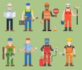 Construction worker wearing mechanic people yellow helmet and overall work clothes working with different tools set of Royalty Free Stock Photo