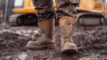 Construction worker wearing muddy boots at work site with excavator Royalty Free Stock Photo
