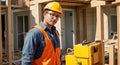 construction worker wearing safety gear while operating heavy machinery on residential site. Generative AI