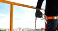 Construction worker wearing safety harness working at high place Royalty Free Stock Photo