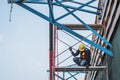 Construction worker wearing safety harnesses on Scaffolding at construction site. working at heights above ground ,Safe working Royalty Free Stock Photo