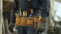 Construction worker wearing tool belt with various tools Royalty Free Stock Photo