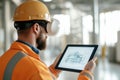Worker using virtual reality headset and tablet for construction project in modern site Royalty Free Stock Photo