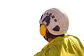 Construction worker wearing wearing side impact rope access safety white helmet attached with yellow noise disruptive earmuffs