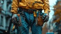 A construction worker wearing a yellow jacket and blue jeans with a tool belt, holding tools Royalty Free Stock Photo