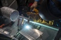 The construction worker welding the metal part. Royalty Free Stock Photo