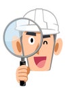 A construction worker who looks into a magnifying glass and smiles, a man wearing a helmet Royalty Free Stock Photo