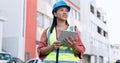 Construction worker, woman and tablet for inspection, project management and analysis of digital floor plan. Architect Royalty Free Stock Photo